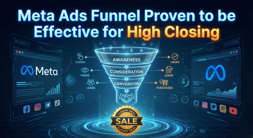 Ilustrasi struktur funnel Meta Ads (Awareness, Consideration, Conversion) yang terbukti efektif untuk high closing.