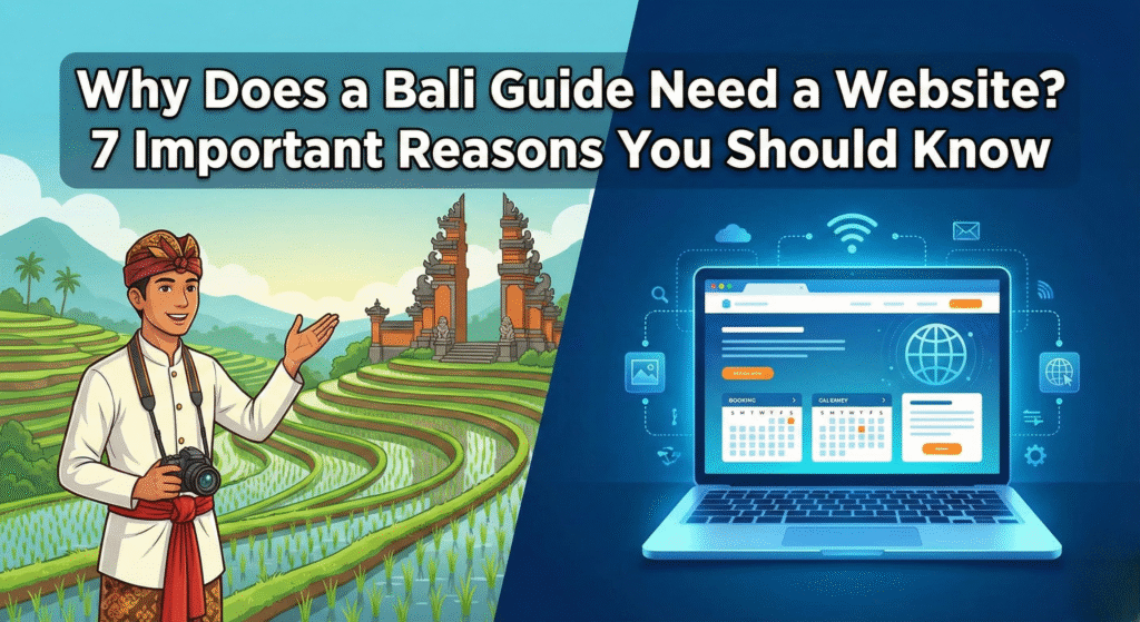 Ilustrasi pentingnya website untuk guide Bali: seorang pemandu wisata tradisional beralih ke digital dengan sistem booking online di laptop.