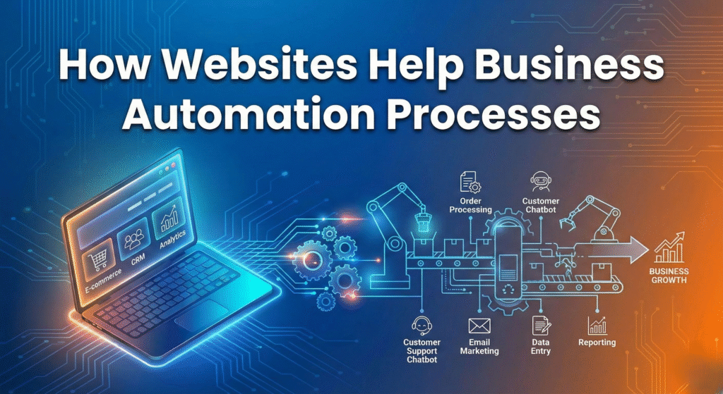 Ilustrasi cara website membantu proses otomasi bisnis, mulai dari order otomatis, chatbot CS, hingga email marketing.