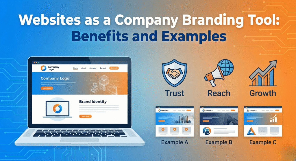 Ilustrasi pentingnya website untuk branding: menampilkan manfaat seperti kepercayaan (trust), jangkauan (reach), dan pertumbuhan bisnis.