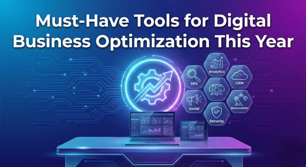 Ilustrasi tools bisnis wajib 2025 untuk optimasi digital, mencakup fitur SEO, CRM, analitik, dan otomatisasi.