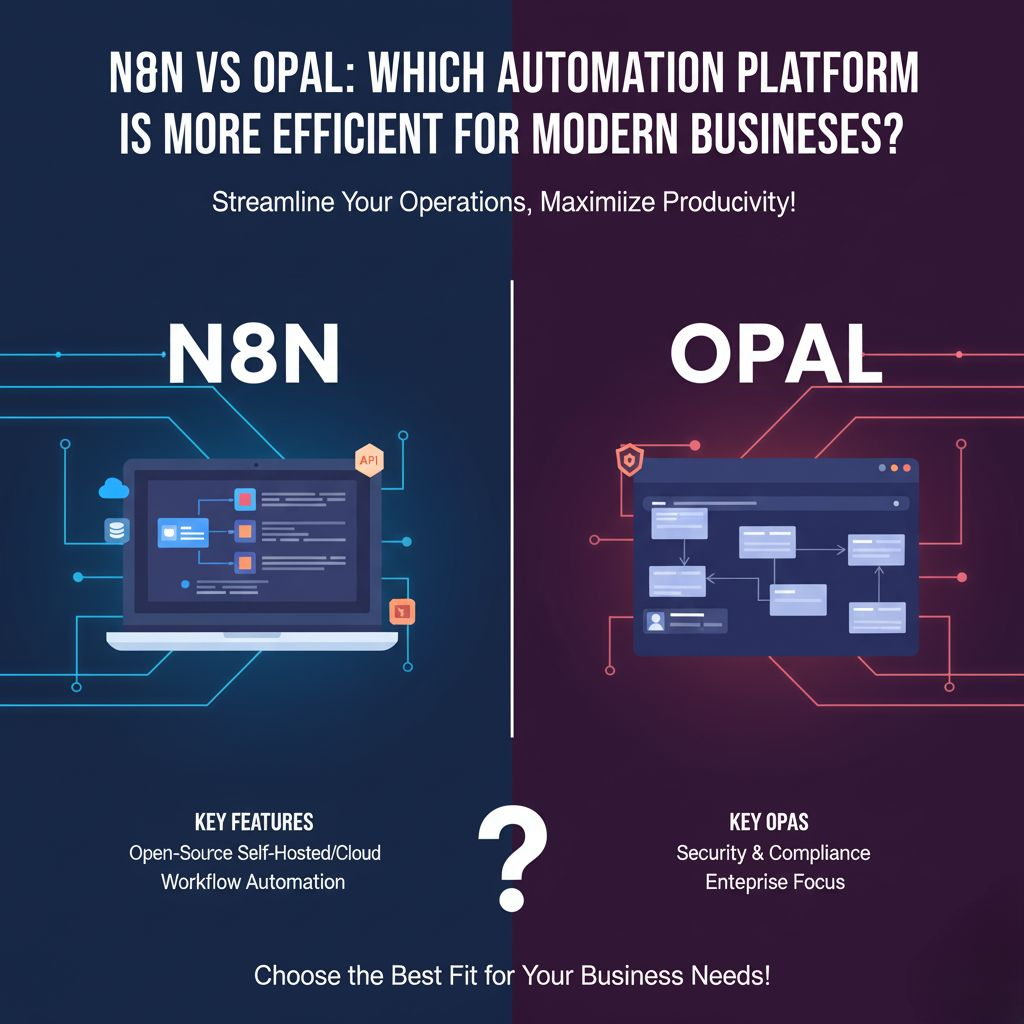 Infografis perbandingan n8n vs Opal, membandingkan n8n (platform otomasi open-source) dengan Opal (platform enterprise fokus keamanan).